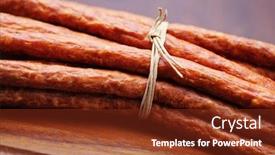  Presentation with dried food - PPT layouts featuring dried-sausages-on-wooden-cutting background and a tawny brown colored foreground