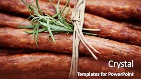  Presentation with dried food - Audience pleasing PPT theme consisting of drymeat - dried sausages on wooden cutting backdrop and a tawny brown colored foreground