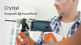  Presentation with drilling - Cool new slide deck with drill - mid-adult man drilling hole backdrop and a  colored foreground