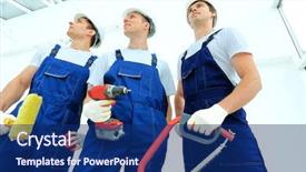  Presentation with industrial workers - Beautiful slides featuring drill team - group of professional industrial workers backdrop and a navy blue colored foreground
