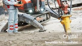  Presentation with construction robot - Theme featuring drilling engineering - builder worker in safety protective background and a coral colored foreground