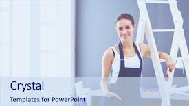  Presentation with drilling - Audience pleasing slides consisting of drilling engineering - worker woman with drill standing backdrop and a sky blue colored foreground