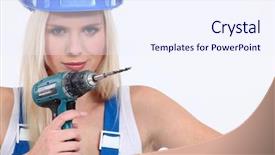  Presentation with cordless - Theme enhanced with drilling machine - blond female builder holding cordless background and a sky blue colored foreground