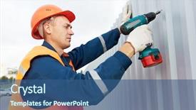  Presentation with worker safety - Colorful slides enhanced with drilling machine - builder worker in safety protective backdrop and a ocean colored foreground