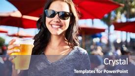  Presentation with beer - Cool new slide deck with drink - portrait happy woman holding cup backdrop and a gray colored foreground