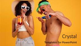  Presentation with young happy couple - PPT theme with drinking cocktails and using sunscreen background and a gold colored foreground