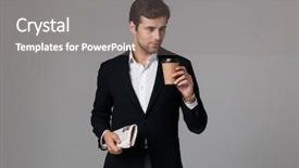  Presentation with man in suit guitar - PPT theme featuring drinking coffee and holding newspaper background and a gray colored foreground