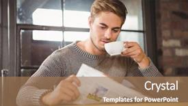  Presentation with coffee shop - PPT theme enhanced with drinking coffee and reading newspaper background and a coral colored foreground