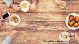  Presentation with team work - Presentation design with drinking coffee during lunch background and a coral colored foreground