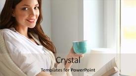  Presentation with tea coffee - Audience pleasing presentation theme consisting of young woman at home sitting near window relaxing in her living room reading book and drinking coffee or tea backdrop and a coral colored foreground