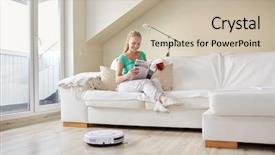  Presentation with vacuum cleaner robot - PPT theme having drinking coffee while robot background and a soft green colored foreground