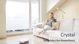  Presentation with vacuum cleaner robot - Audience pleasing slide set consisting of drinking coffee while robot backdrop and a lemonade colored foreground