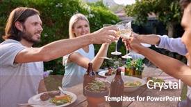  Presentation with friends eating and drinking wine - Cool new PPT theme with drinks at garden outdoors party backdrop and a  colored foreground