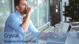  Presentation with coffee - PPT theme with drinks beverages - young businessman drinking coffee beside background and a teal colored foreground