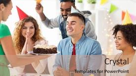  Presentation with corporate happy birthday - PPT theme having drinks celebrating colleague 21st birthday background and a coral colored foreground