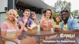  Presentation with food truck - Audience pleasing slide deck consisting of drinks eating at food backdrop and a coral colored foreground