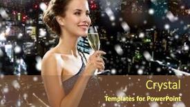  Presentation with sparkling wine - Theme with drinks holidays christmas people and celebration concept - smiling woman in evening dress with glass of sparkling wine over snowy city background background and a tawny brown colored foreground