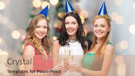  Presentation with sparkling lights - Slide deck enhanced with drinks holidays people and celebration concept - smiling women in party hats with glasses of sparkling wine over christmas tree lights background background and a coral colored foreground
