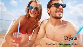  Presentation with young happy couple - Colorful presentation design enhanced with drinks relaxing on the beach backdrop and a coral colored foreground