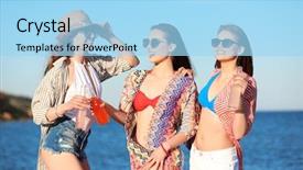  Presentation with beverages - PPT theme featuring drinks seva - beautiful young women in beachwear background and a light blue colored foreground