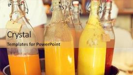  Presentation with fruit vegetable juice - PPT layouts consisting of drinks thirst refreshment and sale concept - bottles of fruit or vegetable juice in ice bucket at market background and a yellow colored foreground