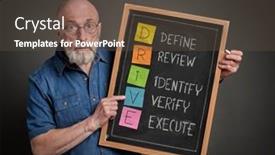  Presentation with acronym - Presentation featuring drive-define-review-identify-verify background and a tawny brown colored foreground