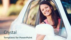  Presentation with happy holiday - Beautiful presentation design featuring drive free - carefree woman driving car backdrop and a sky blue colored foreground