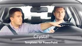  Presentation with teaching - Presentation theme having driver courses and people concept - car driving school instructor teaching young man to drive background and a gray colored foreground