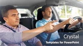  Presentation with teaching - Cool new presentation theme with driver courses and people concept - car driving school instructor teaching young man to drive backdrop and a ocean colored foreground