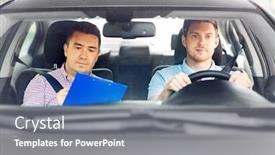  Presentation with exam - PPT layouts with driver courses exam and people concept - young man and driving school instructor with clipboard in car background and a gray colored foreground