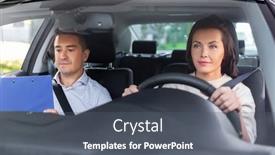  Presentation with exam - PPT theme having driver-courses-exam-and-people background and a ocean colored foreground