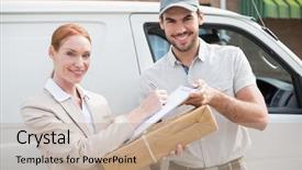  Presentation with delivery van - PPT theme enhanced with young business woman using laptop computer on the table looking for direction and inspiration background and a lemonade colored foreground.