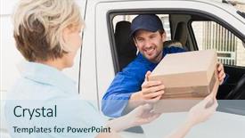  Presentation with delivery van - Presentation featuring driver handing parcel to customer background and a  colored foreground