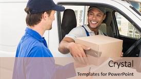  Presentation with delivery van - Colorful slide deck enhanced with driver handing parcel to customer backdrop and a  colored foreground