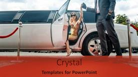  Presentation with red star - Cool new theme with driver helping vip woman or star out of limo on red carpet to a reception backdrop and a red colored foreground