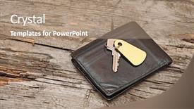  Presentation with key - Audience pleasing theme consisting of driver license - wallet and key on wood backdrop and a coral colored foreground