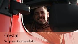  Presentation with truck driver - Colorful presentation design enhanced with car trucks - male driver looking backdrop and a coral colored foreground