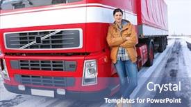  Presentation with truck driver - Theme enhanced with car import - female driver near big modern background and a ocean colored foreground