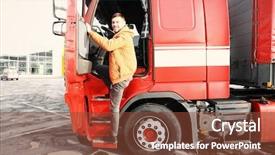  Presentation with truck driver - Theme having step forward - handsome driver near big modern background and a tawny brown colored foreground