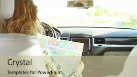  Presentation with driver - Slide deck with driver searching direction on map background and a  colored foreground