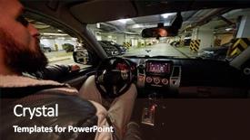  Presentation with car parking - PPT theme with bearded man sits on driver seat in modern car at underground parking background and a wine colored foreground