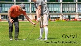  Presentation with golf course - PPT layouts enhanced with driver training - caddy teaching young man background and a gold colored foreground