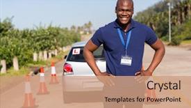  Presentation with drowsy driving - Colorful slides enhanced with driver training - happy african driving instructor standing backdrop and a coral colored foreground