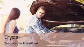  Presentation with broken home upset couple - Beautiful presentation theme featuring drivers fighting - young couple quarreling near broken backdrop and a coral colored foreground