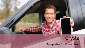  Presentation with smart phone apps - Audience pleasing slide set consisting of display smiling happy male drive backdrop and a dark gray colored foreground