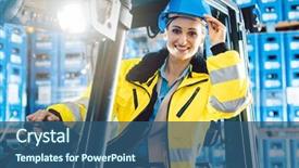  Presentation with forklift - PPT theme having driving a forklift in logistics background and a ocean colored foreground