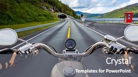  Presentation with person driving - PPT theme having driving a motorcycle rides along background and a gray colored foreground