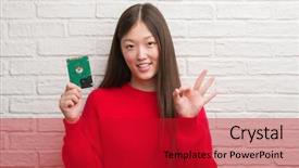  Presentation with brick wall - Theme enhanced with driving excellence - young chinese woman over brick background and a crimson colored foreground