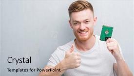  Presentation with grey - Beautiful presentation theme featuring driving excellence - young redhead man over grey backdrop and a light gray colored foreground