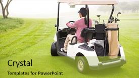  Presentation with golf course - PPT theme having driving in his golf buggy background and a yellow colored foreground